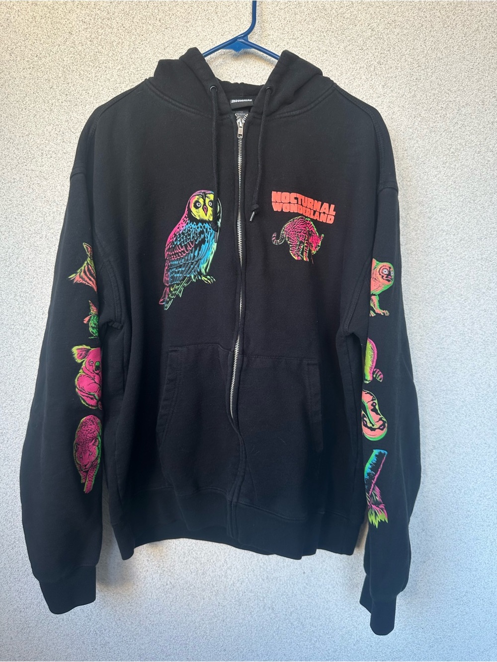 Insomniac Nocturnal Wonderland Zip Up Hoodie Black Neon Animal Graphic Large